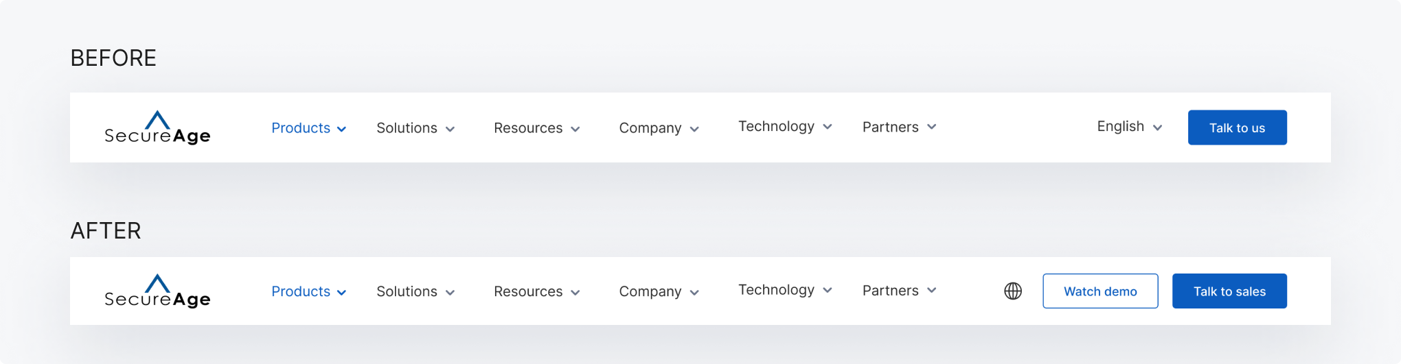 Before and after of the site header, with a new Watch demo entry point