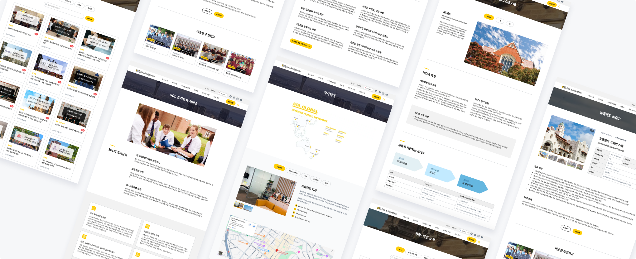 Dozens of redesigned SOL Edu & Migration pages assembled from one modular block system