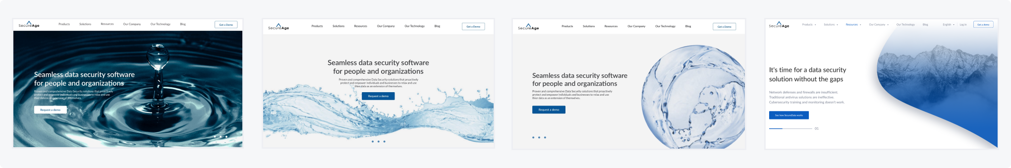 Visual design explorations of the homepage hero — iterating on imagery, layout, and messaging with the agency